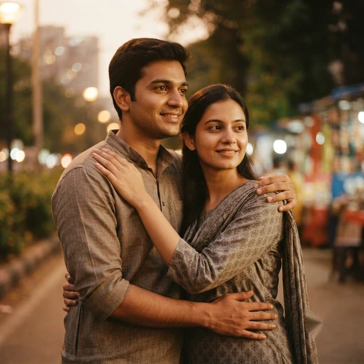 A couple standing together on a street at dusk