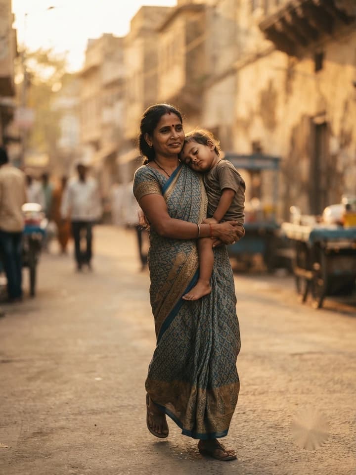 A woman carrying her sleeping child through a sunlit street
