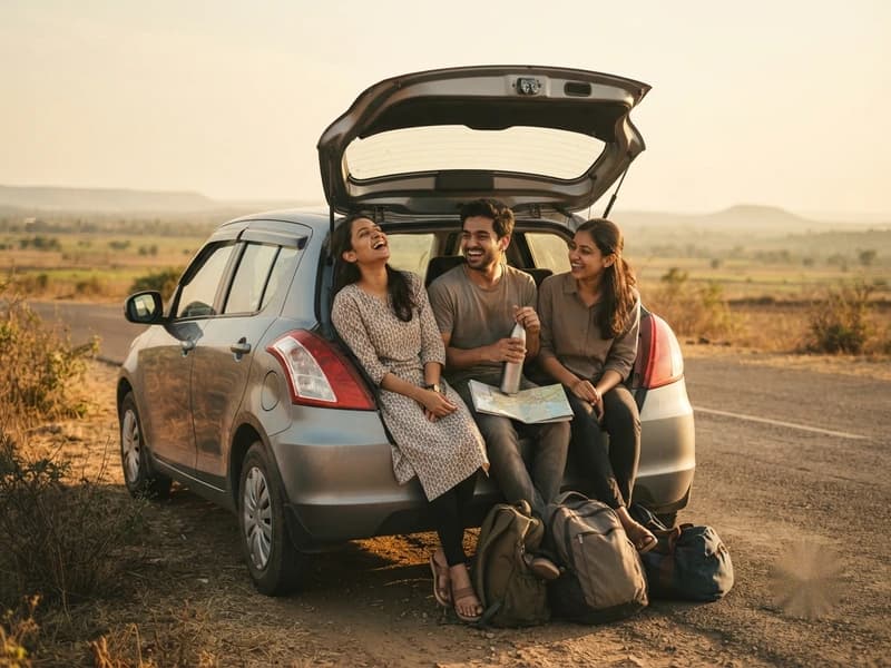 Three friends sitting in the open boot of a car on a country road