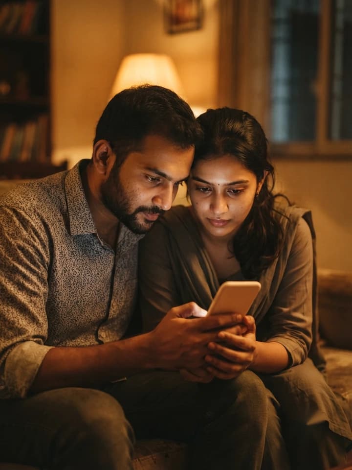 A couple looking at a phone together at home in the evening