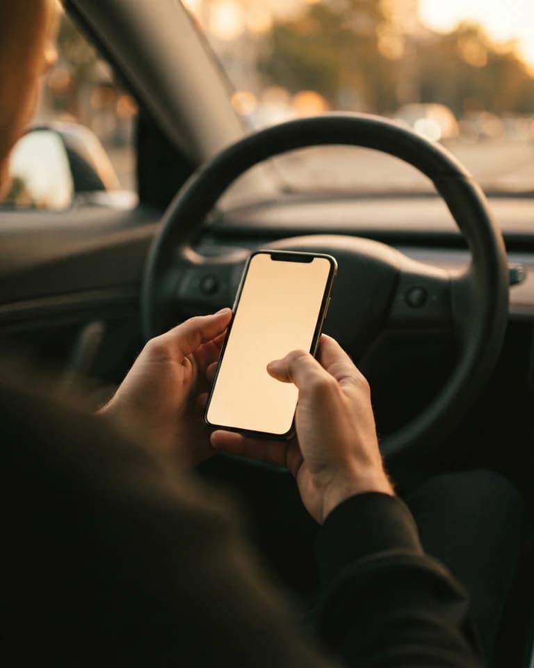 A driver holding a phone at the wheel of a parked car