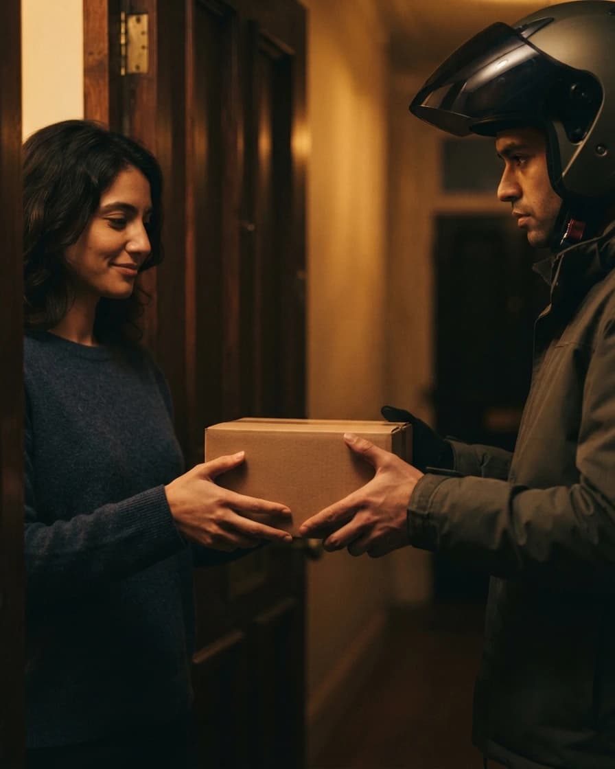 A delivery rider handing a parcel to a woman at her door