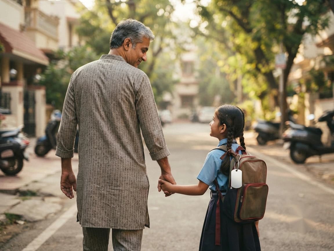 A man walking a schoolgirl home, a SafeSaathi tag hanging from her backpack