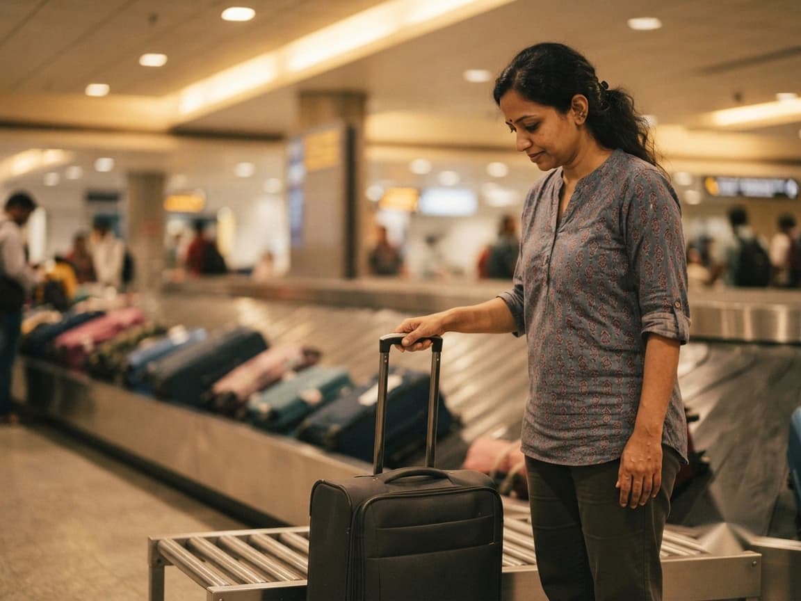 A traveller lifting her suitcase off the belt in an airport baggage hall