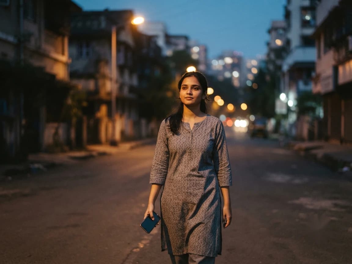 A young woman walking alone down a city street at dusk, her phone in hand