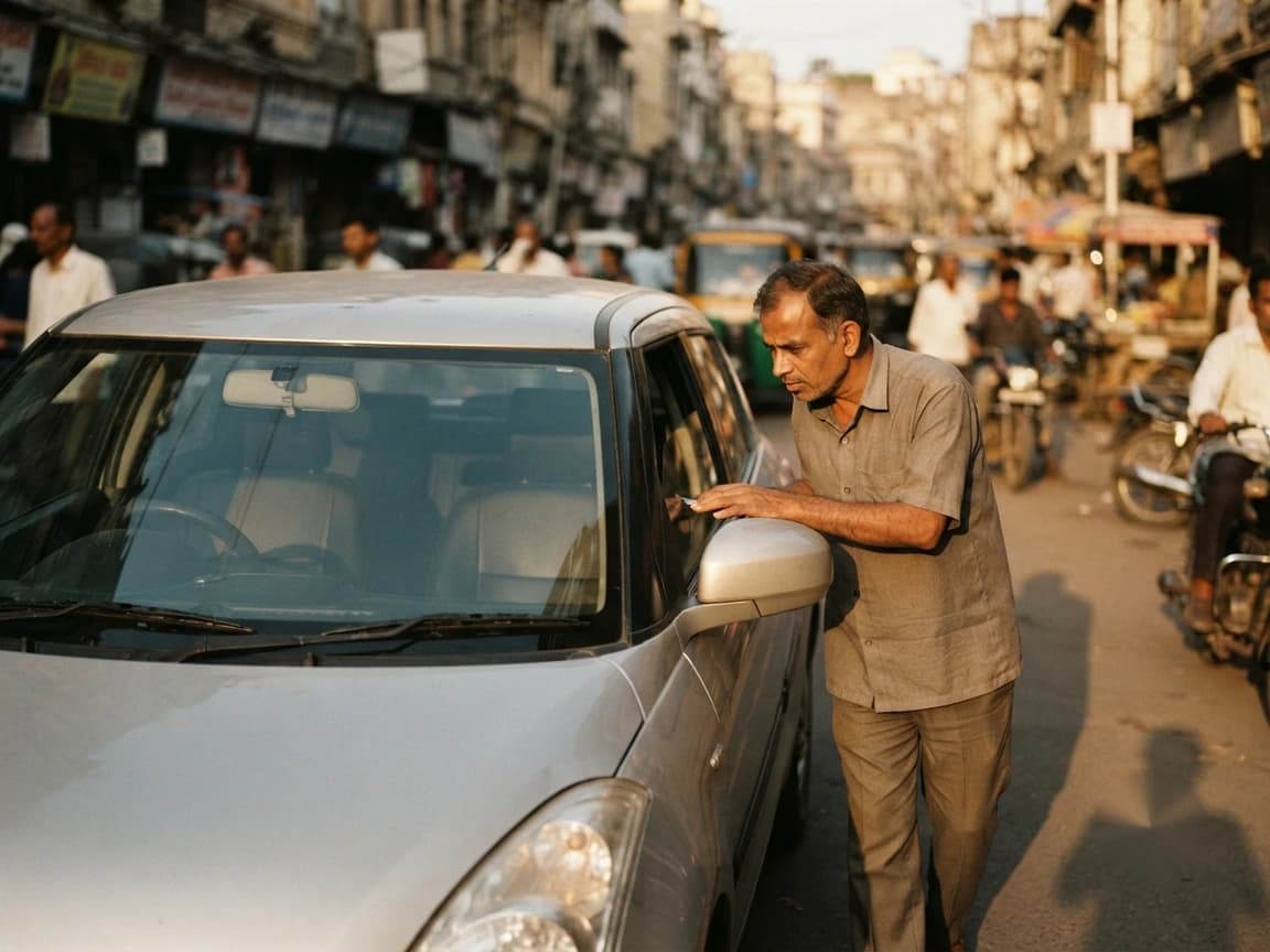 A man at the window of his car, parked on a busy market street